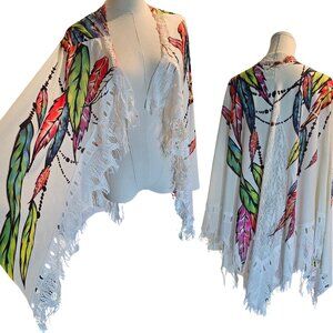 Feather Shawl Festival Fringe Shrug Wrap Colorful Poncho Plus